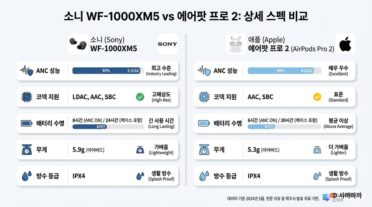 소니 WF-1000XM5와 에어팟 프로 2의 ANC 성능, 코덱, 배터리, 무게, 방수 등급을 나란히 비교한 인포그래픽
