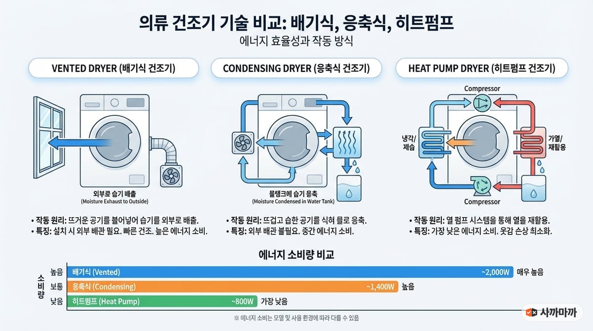 통풍식, 응축식, 히트펌프 건조기의 공기 흐름과 에너지 소비를 비교한 기술 인포그래픽