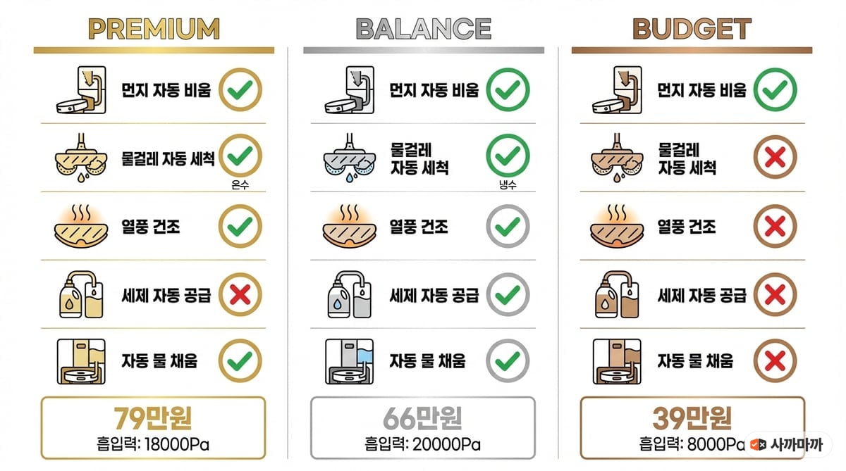 올인원 스테이션 기능 비교 인포그래픽 — 먼지비움·걸레세척·온수건조·세제투입·자동급수 비교표 (2026년 2월 제품 기준)