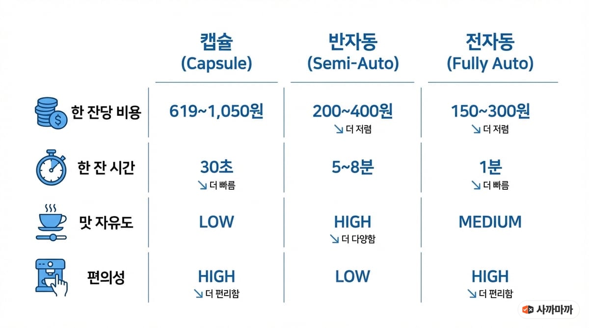 커피머신 타입별 한 잔당 비용, 편의성, 맛 자유도를 비교한 인포그래픽