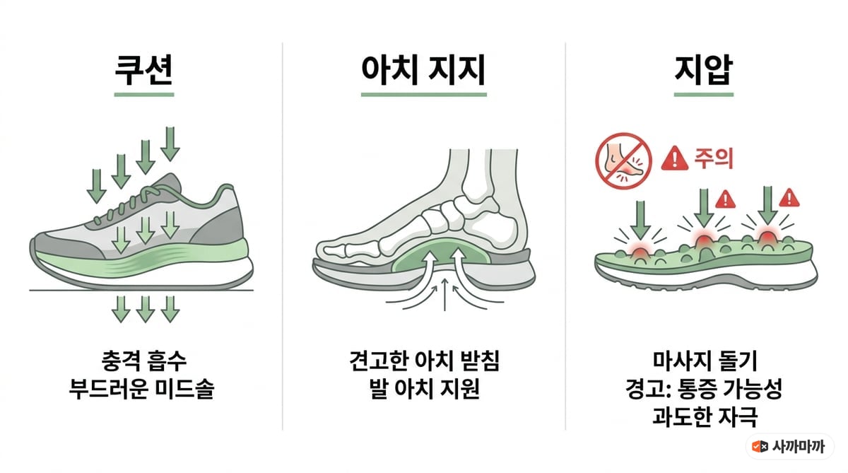 족저근막염 신발 세 종류 비교 인포그래픽 — 충격을 흡수하는 쿠션, 발 아치를 받치는 아치 지지, 돌기로 자극하는 지압의 구조 차이