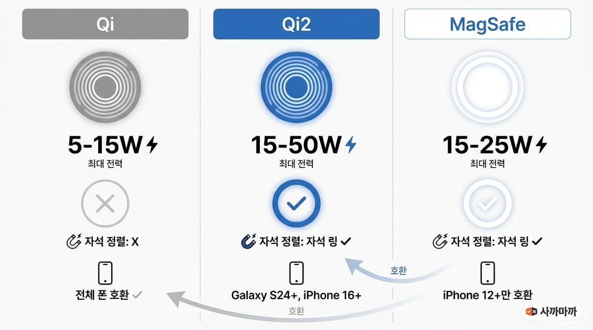 Qi, Qi2, MagSafe 세 가지 무선충전 규격의 출력·자석 정렬·호환 기기를 비교하는 인포그래픽