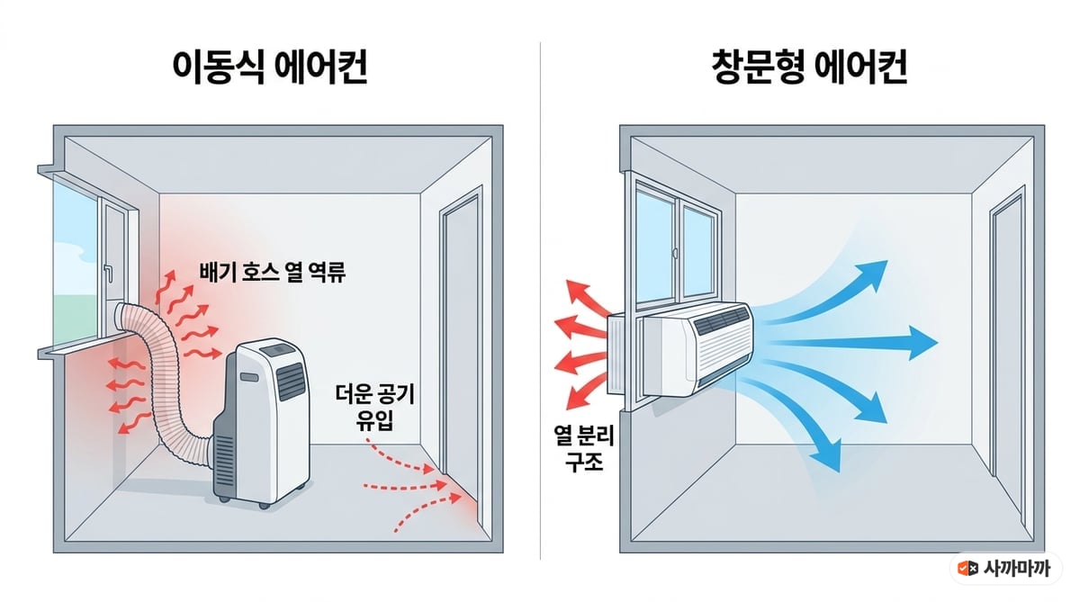 이동식 에어컨과 창문형 에어컨 냉방 구조 비교 인포그래픽. 이동식은 배기 호스 열 역류와 음압으로 더운 공기가 유입되고, 창문형은 냉방부와 응축부가 창을 경계로 나뉘는 열 분리 구조