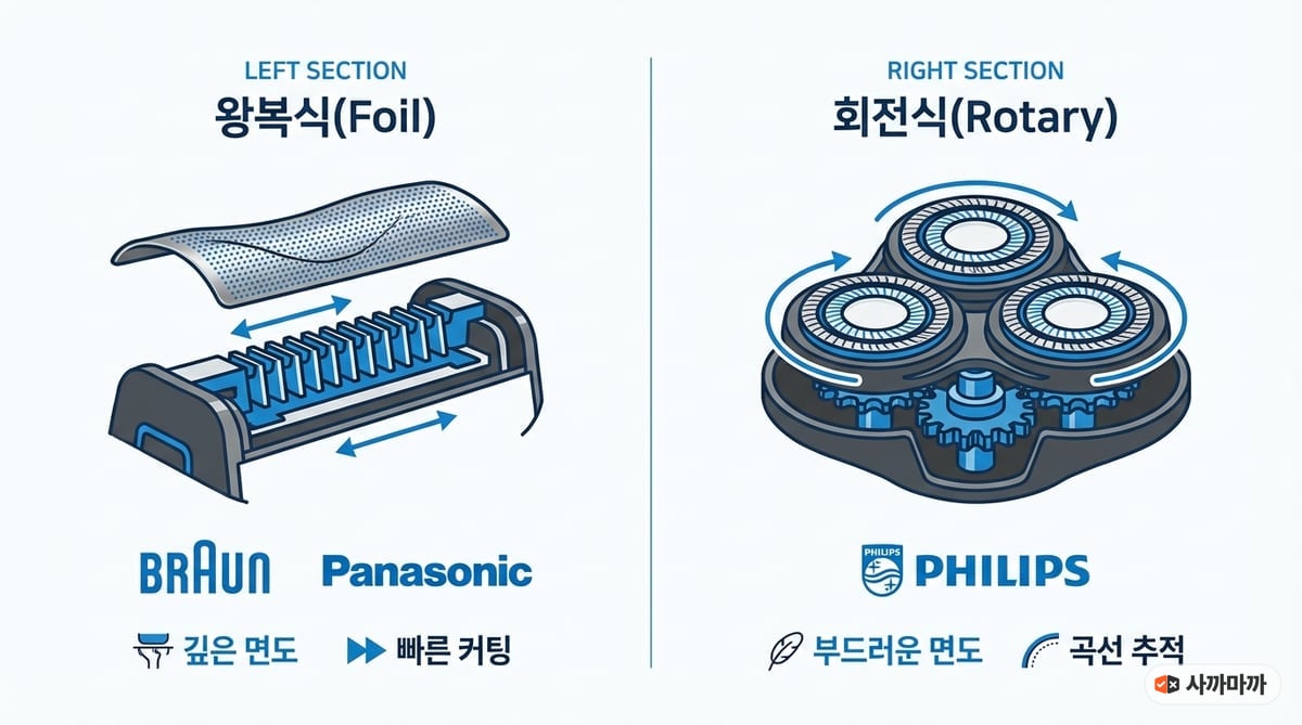 왕복식(Foil)과 회전식(Rotary) 전기면도기 메커니즘 차이를 비교한 인포그래픽