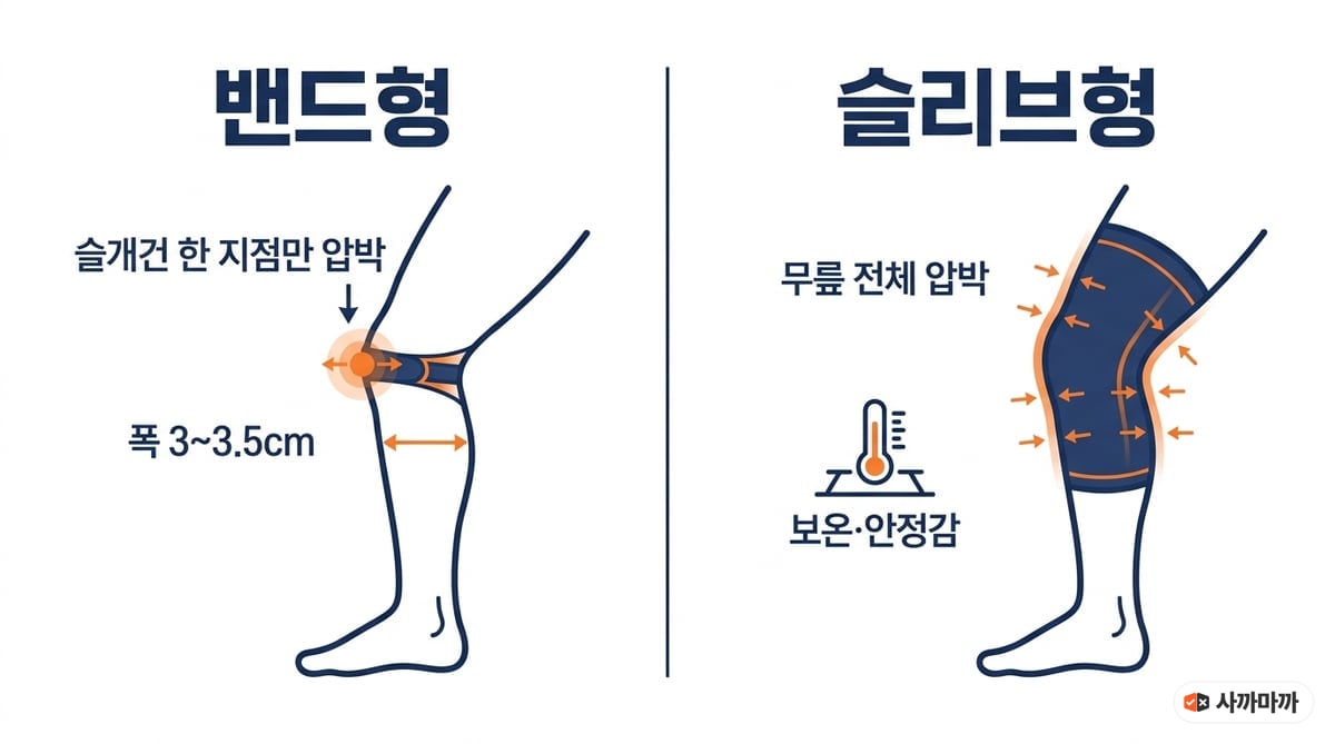 무릎보호대 밴드형과 슬리브형 압박 위치 비교 인포그래픽, 밴드형은 슬개건 한 지점만 압박하고 폭 3~3.5cm, 슬리브형은 무릎 전체를 압박하며 보온과 안정감을 준다
