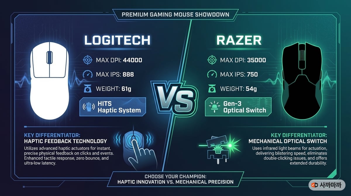로지텍 SUPERSTRIKE와 레이저 Viper V3 Pro의 DPI, IPS, 무게, 스위치 방식 등 핵심 스펙을 나란히 비교한 인포그래픽