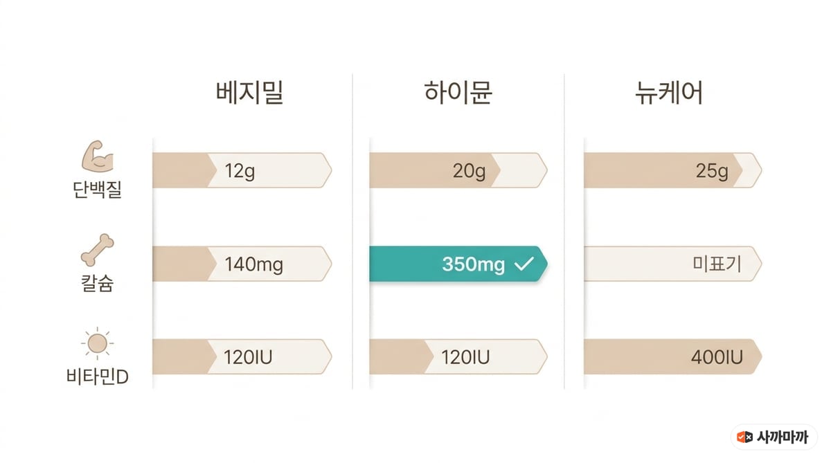 베지밀·하이뮨·뉴케어 단백질·칼슘·비타민D 함량 비교 차트
