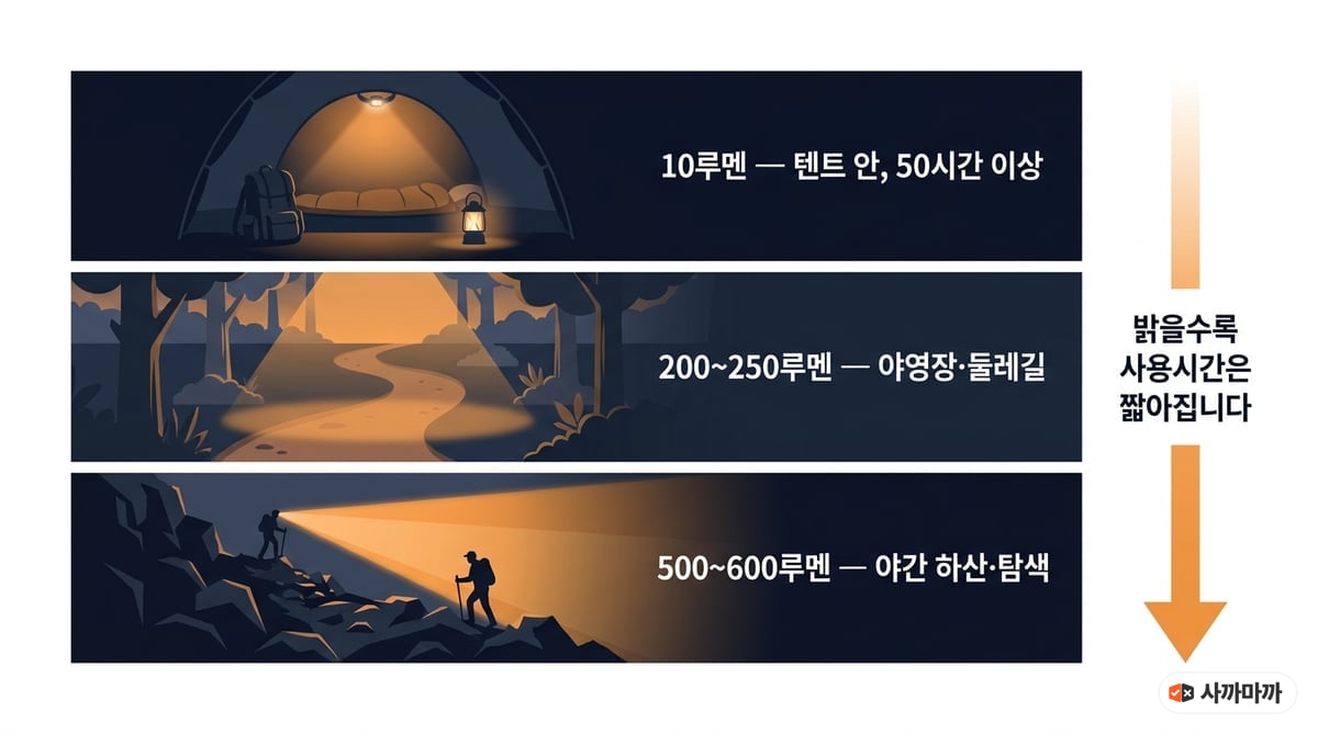 헤드랜턴 루멘별 사용 상황 인포그래픽. 10루멘은 텐트 안에서 50시간 이상, 200~250루멘은 야영장과 둘레길, 500~600루멘은 야간 하산과 탐색, 밝을수록 사용시간은 짧아진다