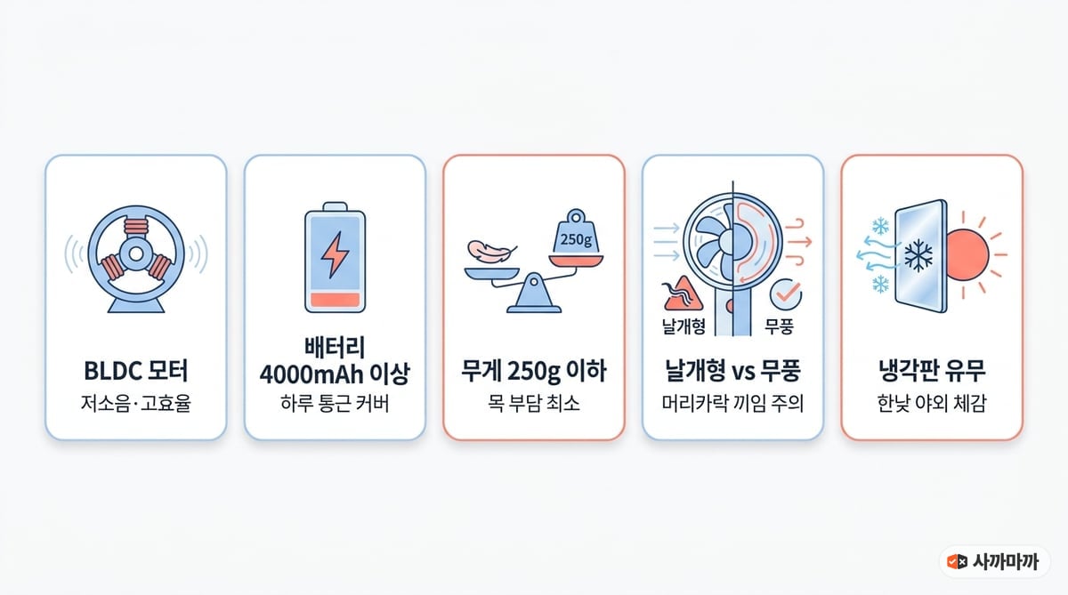 넥풍기 선택 기준 5가지 인포그래픽: BLDC 모터(저소음·고효율), 배터리 4000mAh 이상, 무게 250g 이하, 날개형 vs 무풍(머리카락 끼임 주의), 냉각판 유무(한낮 야외 체감)