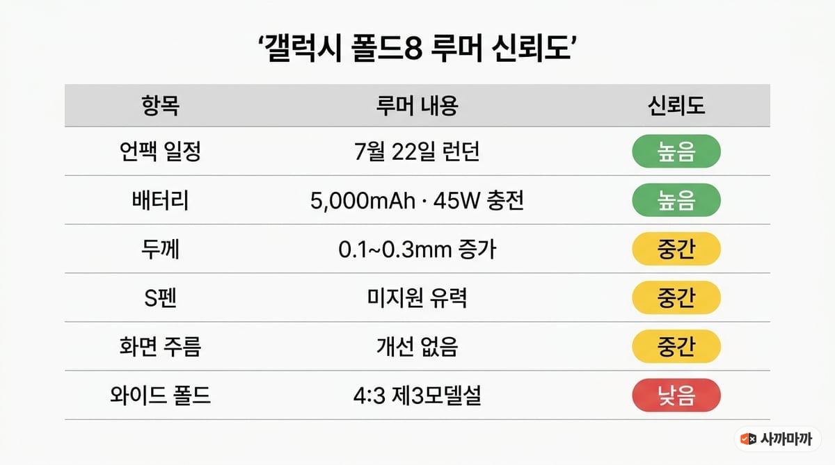 갤럭시 폴드8 루머 신뢰도 정리표 — 언팩 일정 7월 22일 런던 높음, 배터리 5,000mAh 45W 충전 높음, 두께 0.1~0.3mm 증가 중간, S펜 미지원 유력 중간, 화면 주름 개선 없음 중간, 와이드 폴드 4:3 제3모델설 낮음