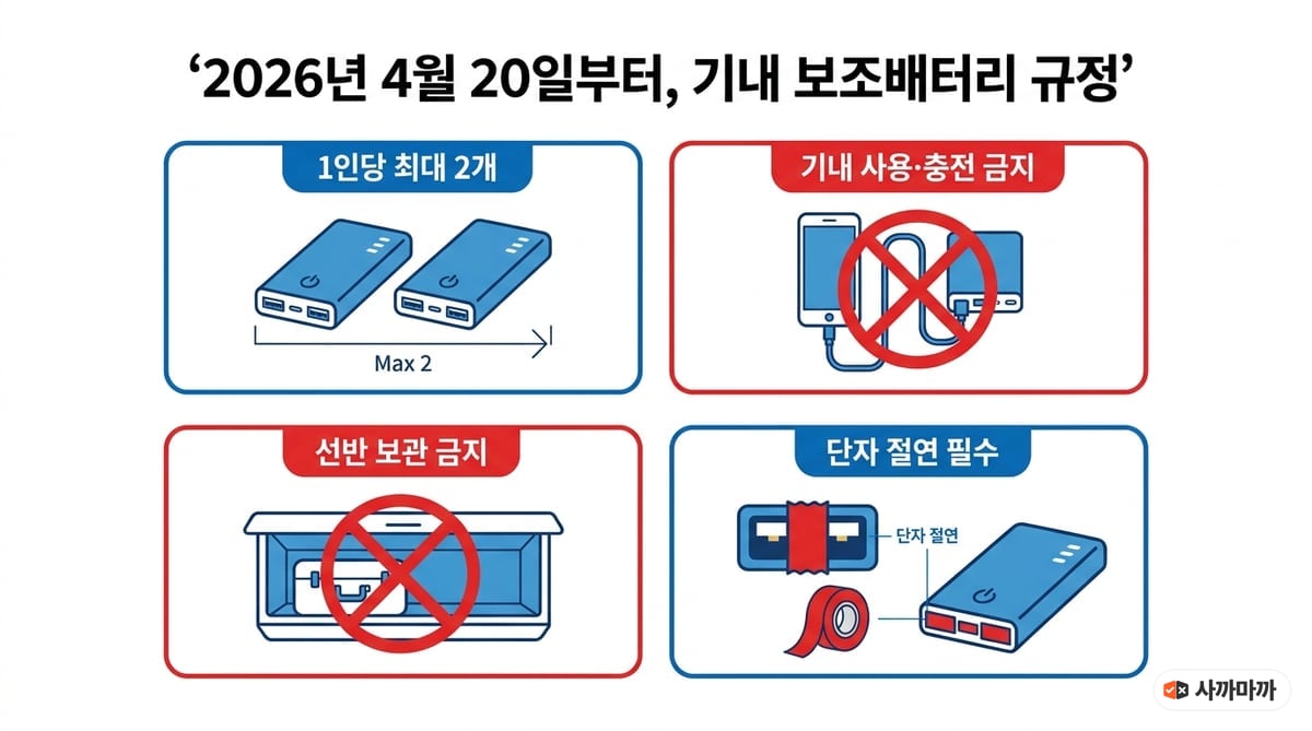 2026년 4월 20일부터 적용되는 기내 보조배터리 규정 4가지 — 1인당 최대 2개, 기내 사용·충전 금지, 선반 보관 금지, 단자 절연 필수