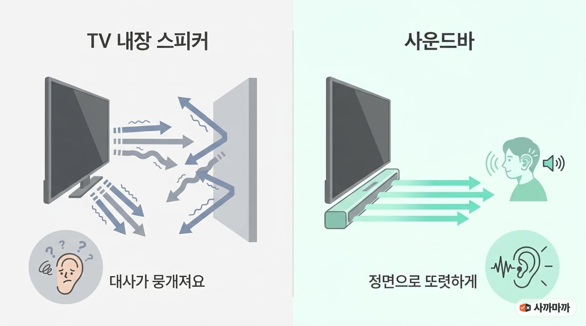 TV 내장 스피커와 사운드바 비교 인포그래픽 — 내장 스피커는 소리가 뒤로 나가 대사가 뭉개지고, 사운드바는 정면으로 쏘아 또렷하게 들림