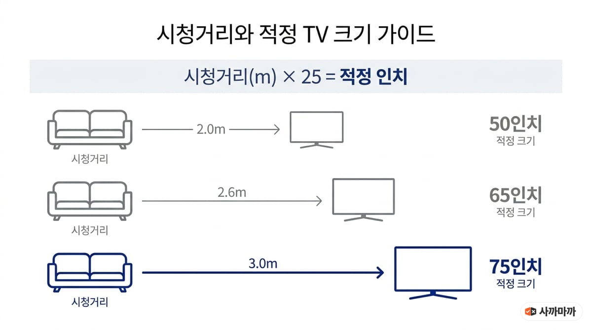 TV 시청거리별 적정 크기 인포그래픽, 시청거리(m)×25=적정 인치 공식으로 2.0m는 50인치, 2.6m는 65인치, 3.0m는 75인치
