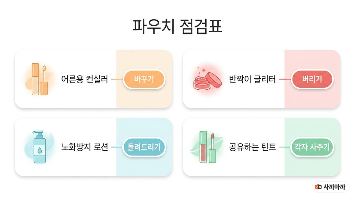 초등학생 파우치 점검표 인포그래픽 — 어른용 컨실러는 바꾸기, 반짝이 글리터는 버리기, 노화방지 로션은 돌려드리기, 공유하는 틴트는 각자 사주기