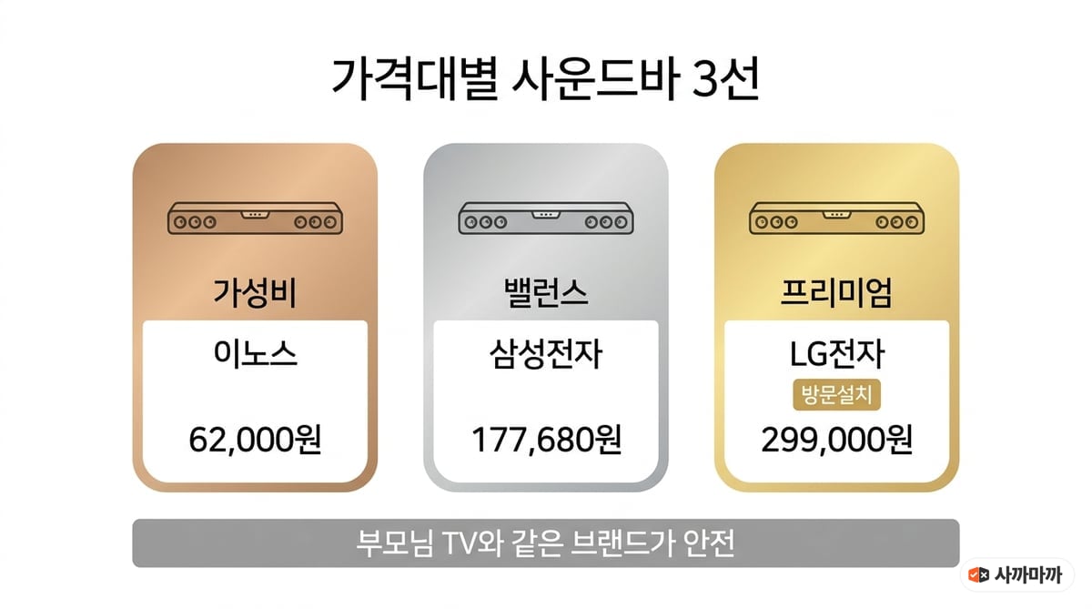 가격대별 사운드바 3선 인포그래픽 — 가성비 이노스 62,000원, 밸런스 삼성전자 177,680원, 프리미엄 LG전자 방문설치 299,000원, 부모님 TV와 같은 브랜드가 안전