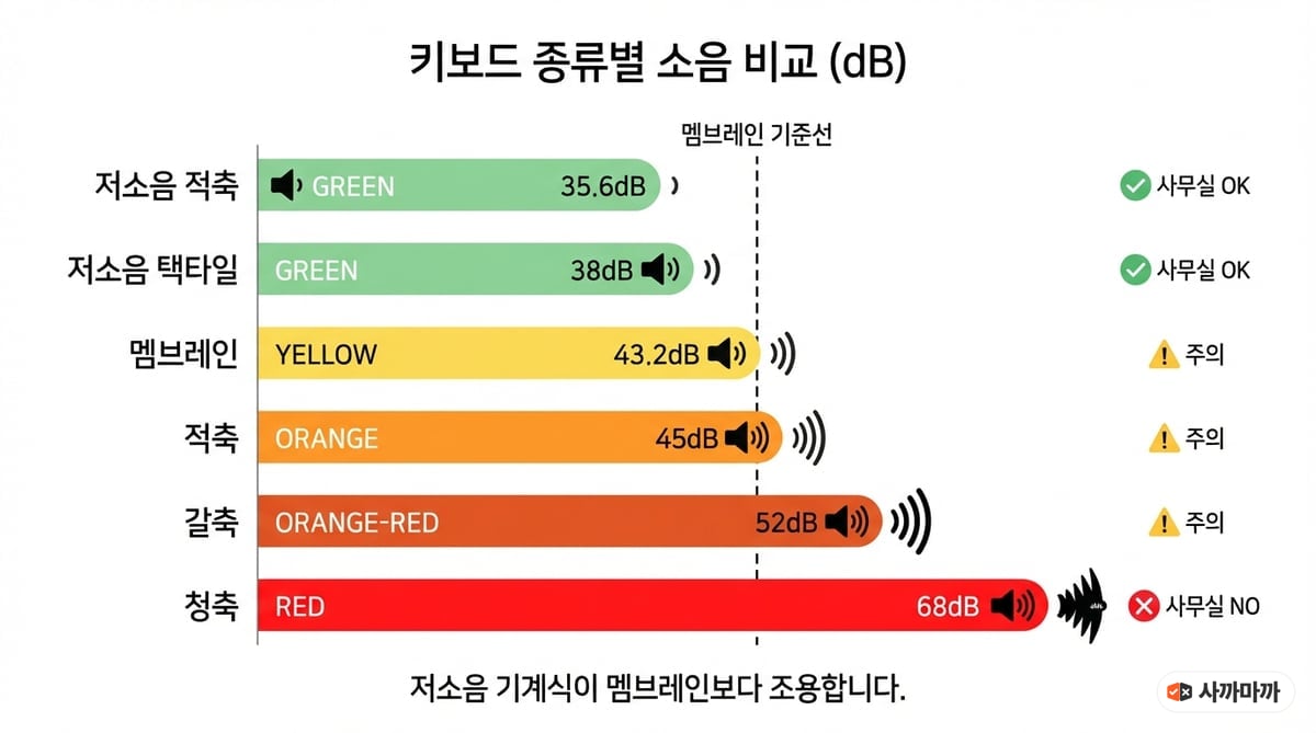 키보드 종류별 소음 데시벨 비교 인포그래픽 — 청축 68dB, 갈축 52dB, 적축 45dB, 저소음축 35.6dB, 멤브레인 43.2dB