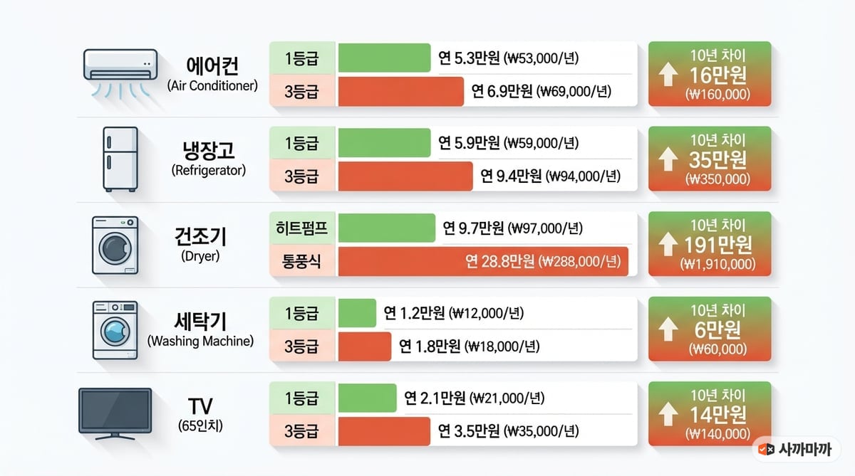 5대 가전제품의 에너지효율 1등급과 3등급 간 10년 전기요금 차이를 비교한 인포그래픽, 건조기 191만 원, 냉장고 35만 원, 에어컨 16만 원 등 막대 차트