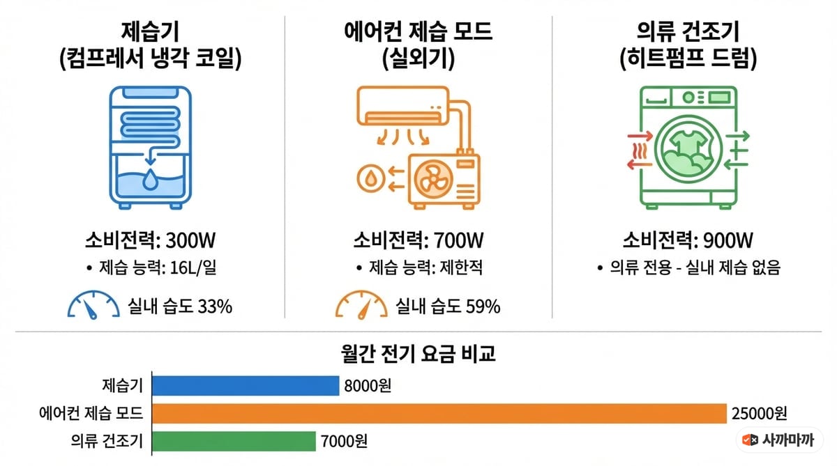 제습기, 에어컨 제습모드, 빨래건조기의 작동 원리와 소비전력을 비교한 인포그래픽