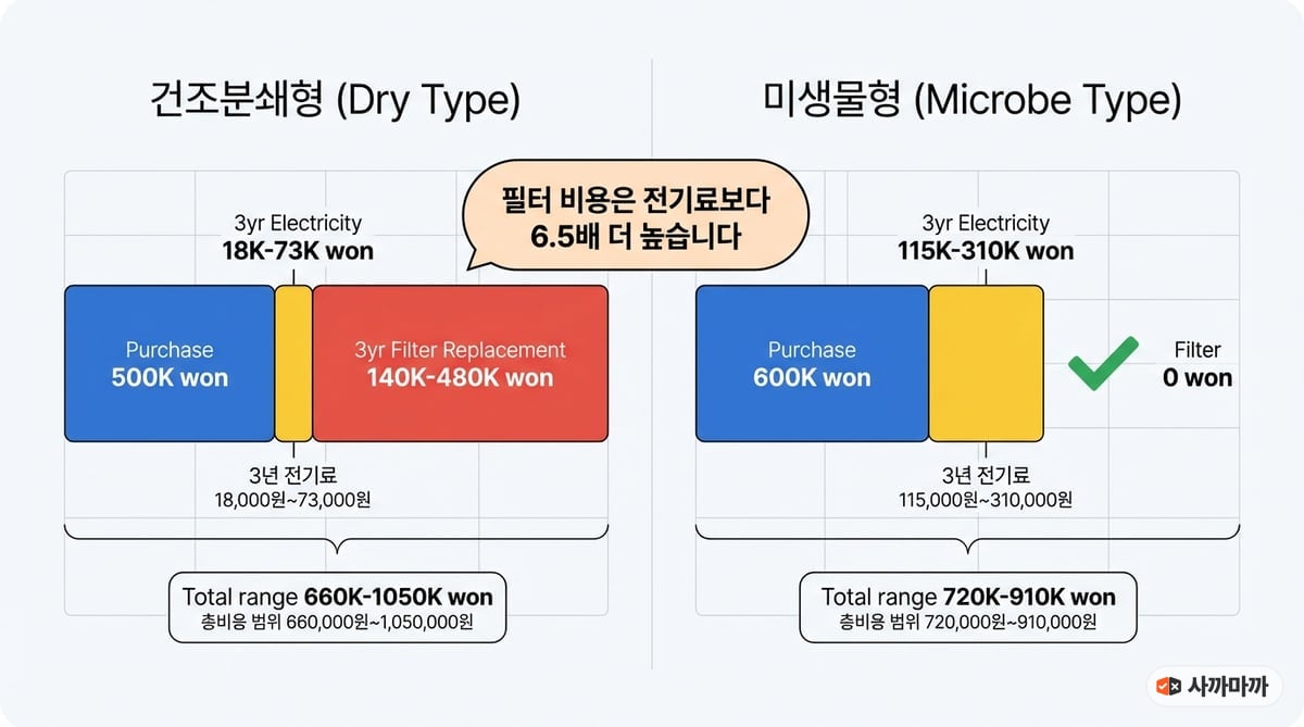 음식물 처리기 건조형 vs 미생물형 3년 총비용 비교 인포그래픽 — 필터비가 전기세의 6.5배
