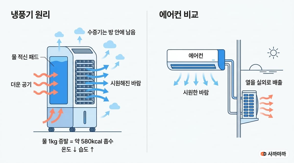 냉풍기 기화 냉각 원리 인포그래픽 — 더운 공기가 물 적신 패드를 지나며 시원해지지만 수증기는 방 안에 남고, 에어컨은 실외기로 열을 밖에 배출한다는 구조 비교