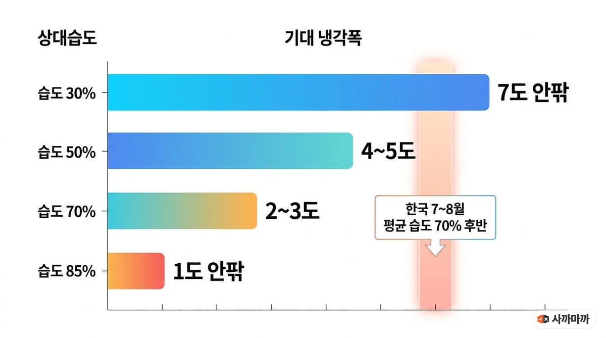 상대습도별 냉풍기 기대 냉각폭 차트 — 습도 30%는 7도 안팎, 50%는 4~5도, 70%는 2~3도, 85%는 1도 안팎이며 한국 7~8월 평균 습도는 70% 후반