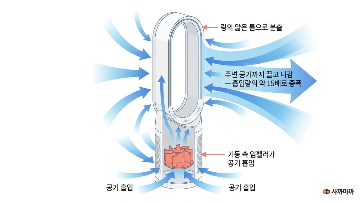 날개없는 선풍기 작동 원리 단면 인포그래픽 — 기둥 속 임펠러가 공기를 흡입해 링의 얇은 틈으로 분출하고 주변 공기까지 끌고 나가 흡입량의 약 15배로 증폭