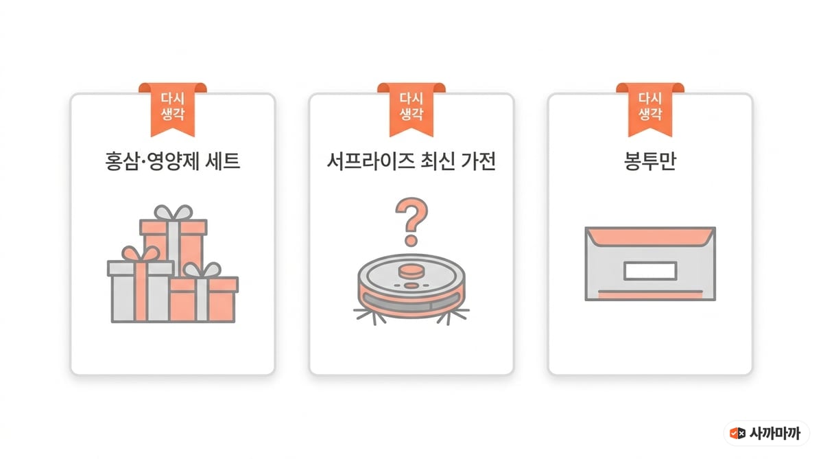 다시 생각해볼 추석 선물 3가지 인포그래픽 — 홍삼·영양제 세트, 서프라이즈 최신 가전, 봉투만