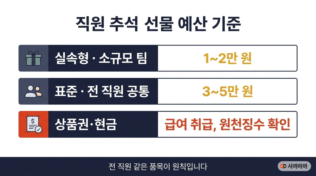직원 추석 선물 예산 기준 인포그래픽 — 실속형·소규모 팀 1~2만 원, 표준·전 직원 공통 3~5만 원, 상품권·현금은 급여 취급으로 원천징수 확인 필요