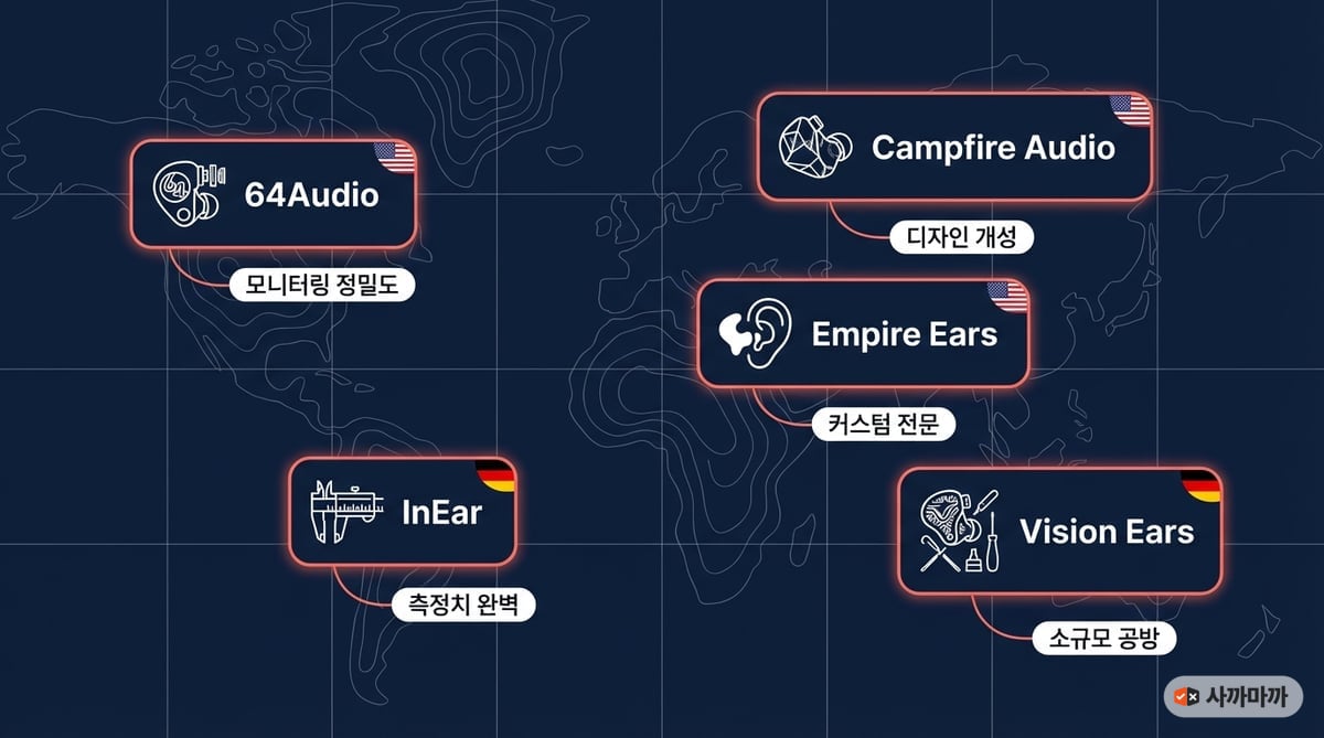 하이엔드 IEM 브랜드 지도 인포그래픽 - 64Audio, InEar, Campfire Audio, Empire Ears, Vision Ears