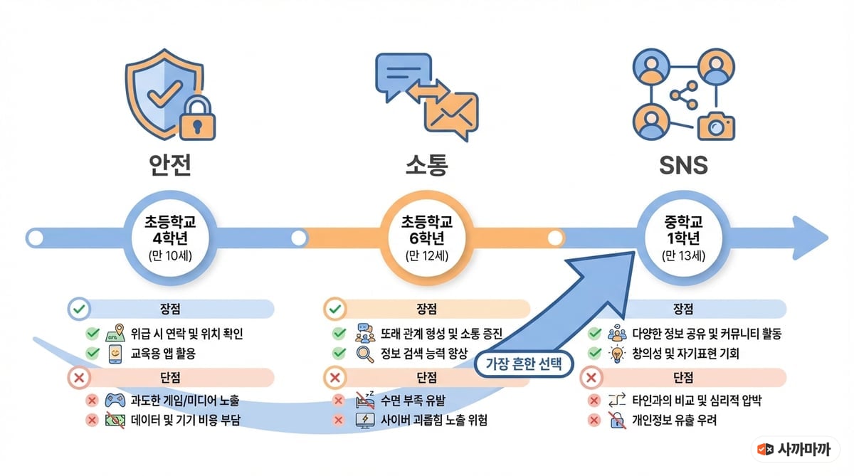 초등 고학년부터 중학교까지 자녀 첫 핸드폰 적정 시기를 보여주는 타임라인 인포그래픽