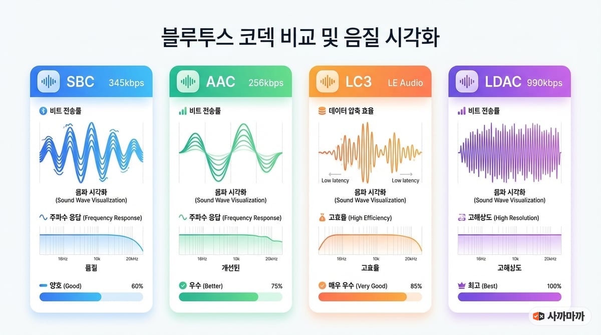 블루투스 코덱별 비트레이트 비교 인포그래픽 — SBC 345kbps, AAC 256kbps, LC3 LE Audio, LDAC 990kbps