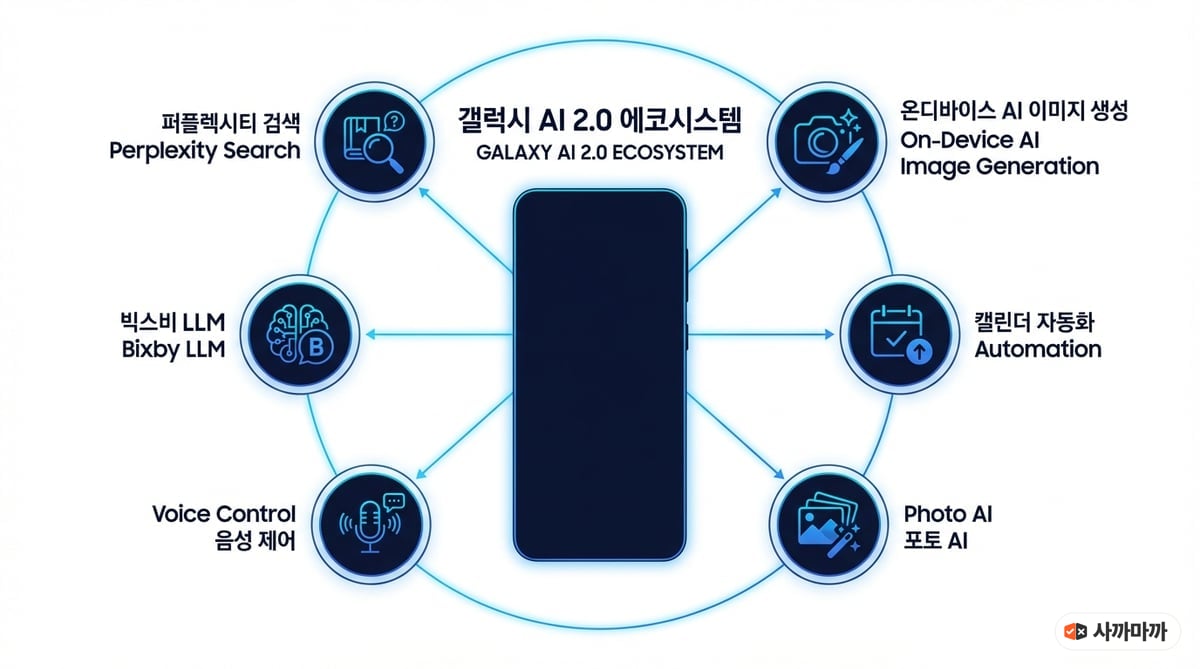 Galaxy AI 2.0 기능 생태계 인포그래픽 — 빅스비 LLM, Perplexity 검색, 온디바이스 이미지 생성, 음성 제어, 사진 AI, 캘린더 자동화