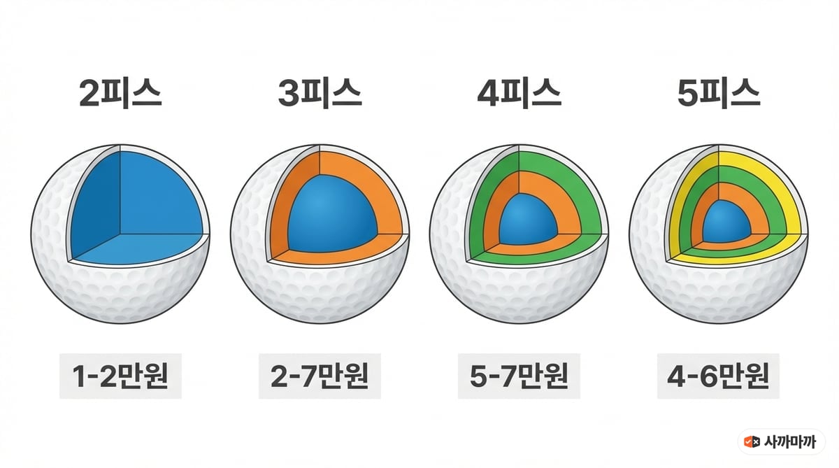 골프공 2피스, 3피스, 4피스, 5피스 내부 구조 비교 인포그래픽. 각 피스별 레이어 수와 가격대를 한눈에 보여준다.