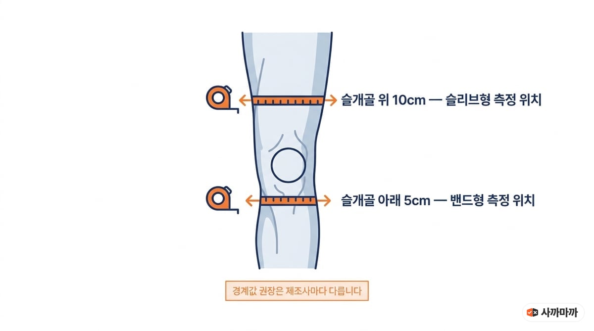 무릎보호대 사이즈 측정 위치 인포그래픽, 슬리브형은 슬개골 위 10cm 둘레·밴드형은 슬개골 아래 5cm 둘레를 재며 경계값 권장은 제조사마다 다르다