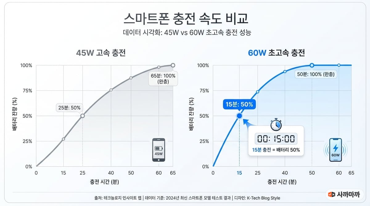 스마트폰 충전 속도 비교 인포그래픽 — 45W는 65분 완충, 60W는 50분 완충, 0에서 50% 구간에서 60W가 15분으로 더 빠른 것을 보여주는 차트