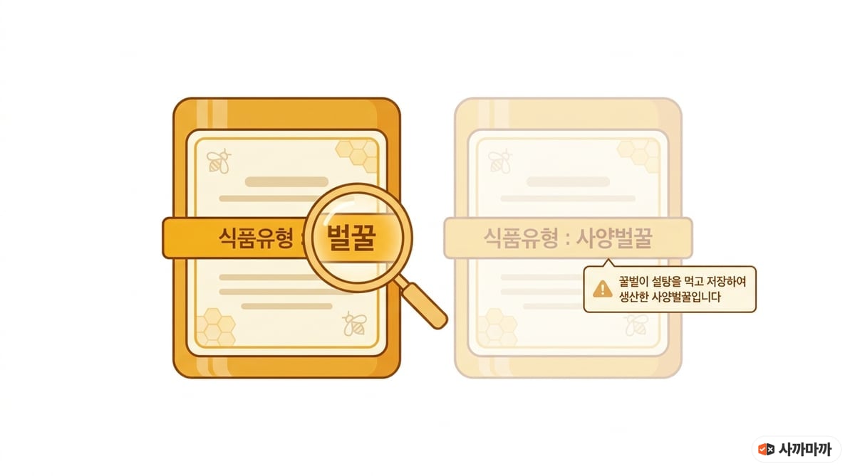 꿀 라벨의 식품유형 칸에 벌꿀과 사양벌꿀이 어떻게 적히는지 보여 주는 설명 그림