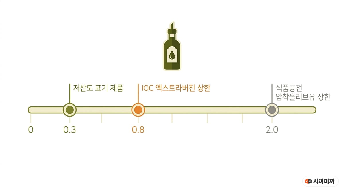 올리브오일 산도 0.3·0.8·2.0 기준선을 눈금으로 나타낸 설명 그림
