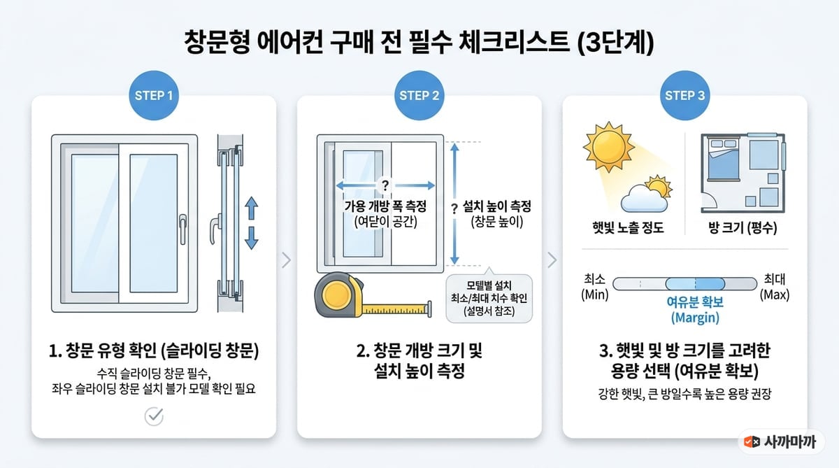 창문 개폐 방식, 설치 가능 폭과 높이, 방 크기와 일사량을 확인하는 창문형 에어컨 구매 전 체크리스트