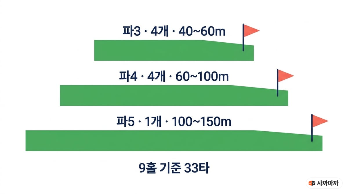 파크골프 9홀 구성: 파3 4개 40~60m, 파4 4개 60~100m, 파5 1개 100~150m, 9홀 기준 33타
