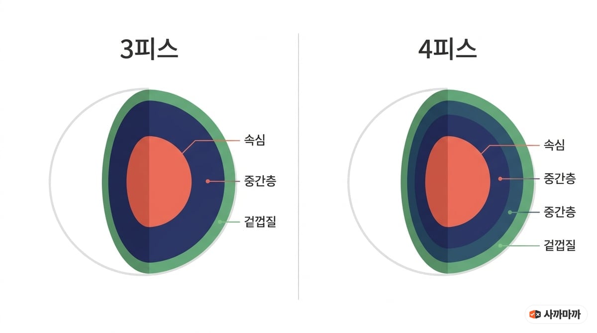 파크골프공 단면 비교: 3피스는 속심·중간층·겉껍질, 4피스는 속심·중간층 두 겹·겉껍질