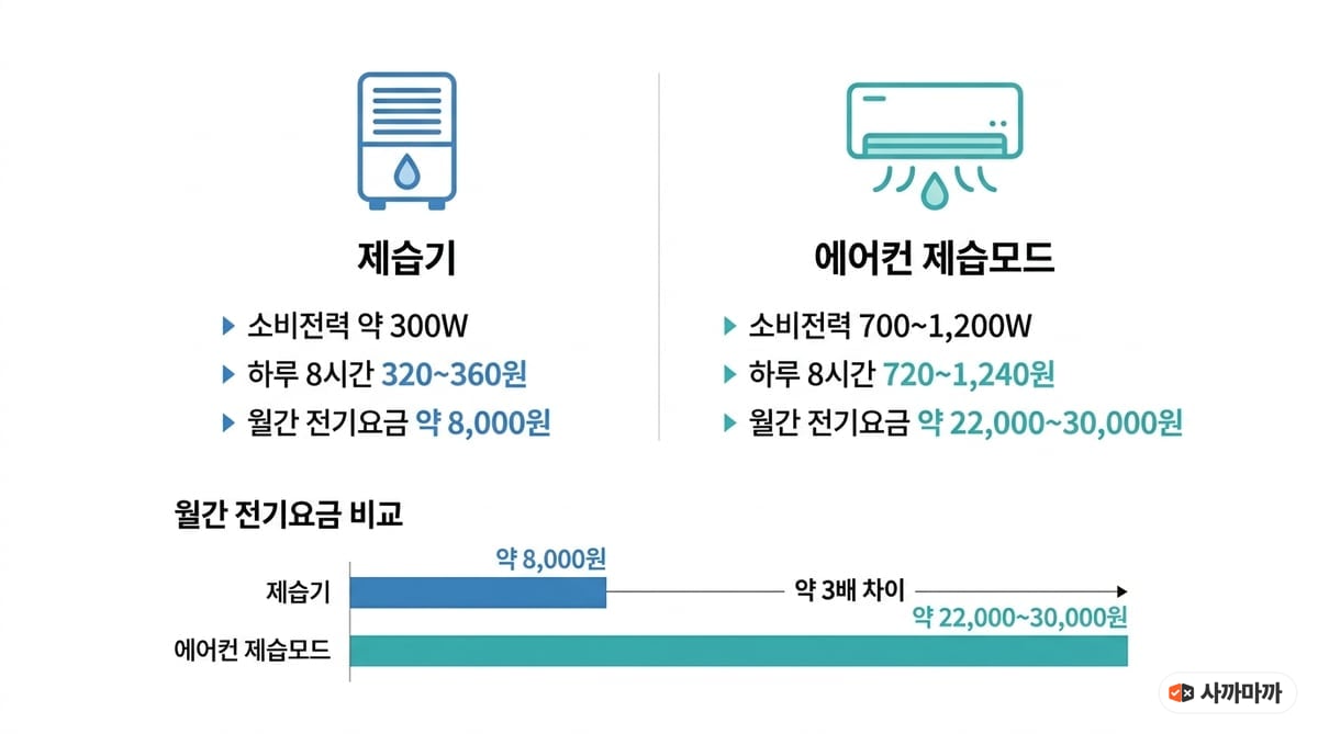 제습기(약 300W, 월 약 8,000원)와 에어컨 제습모드(700~1,200W, 월 약 22,000~30,000원)의 전기요금 비교 인포그래픽