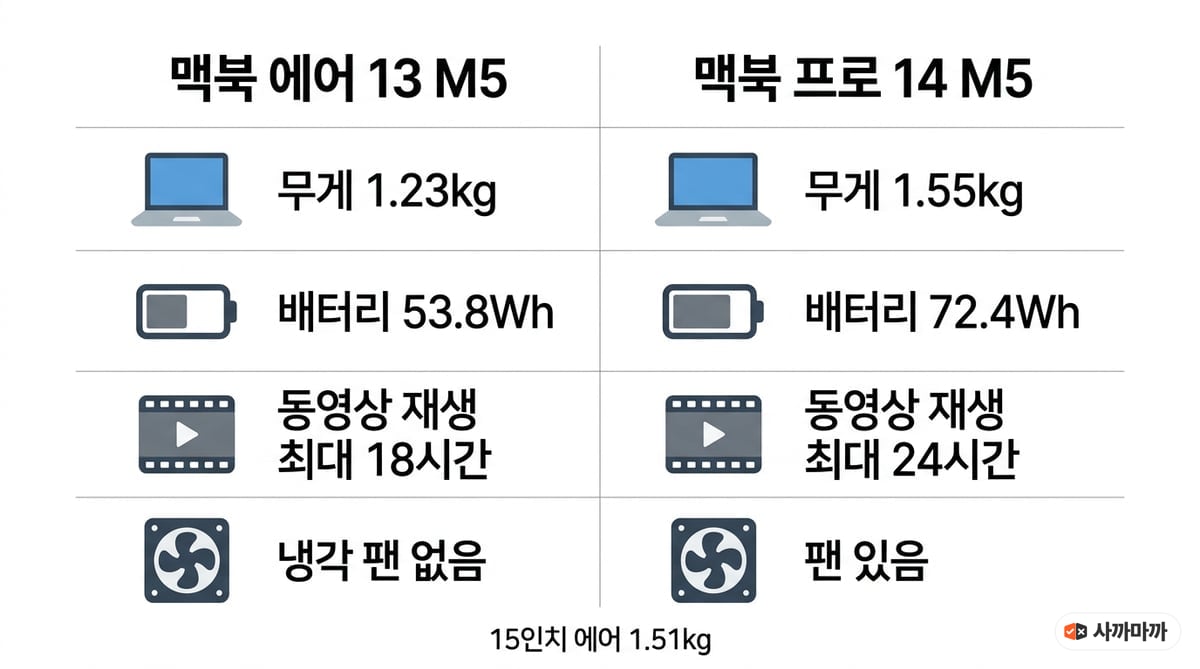 맥북 에어 13 M5와 맥북 프로 14 M5 비교 인포그래픽 — 무게 1.23kg 대 1.55kg, 배터리 53.8Wh 대 72.4Wh, 동영상 재생 최대 18시간 대 24시간, 냉각 팬 없음 대 팬 있음, 15인치 에어 1.51kg