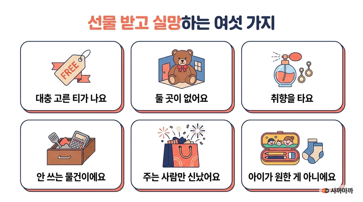 선물 받고 실망하는 여섯 가지: 대충 고른 티가 나요, 둘 곳이 없어요, 취향을 타요, 안 쓰는 물건이에요, 주는 사람만 신났어요, 아이가 원한 게 아니에요