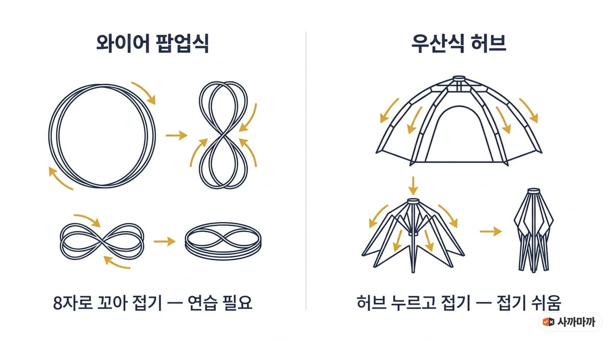 원터치텐트 접는 방식 비교 인포그래픽 — 와이어 팝업식 8자 접기와 우산식 허브