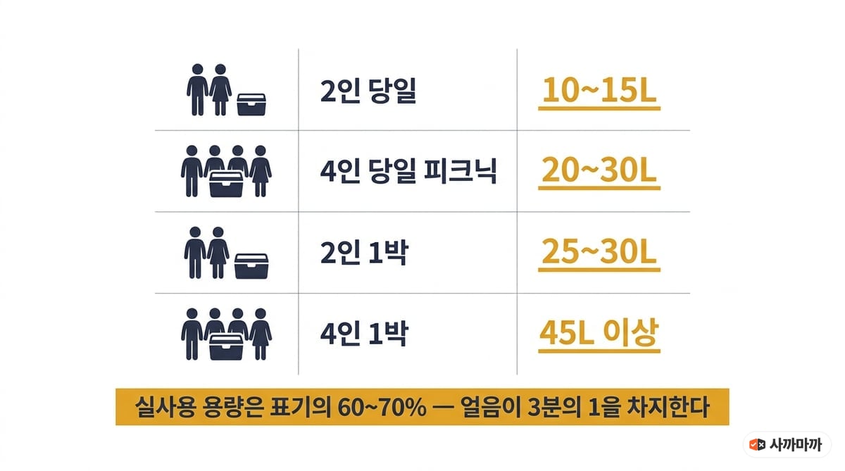 아이스박스 용량 가이드 인포그래픽 — 인원과 용도별 권장 리터