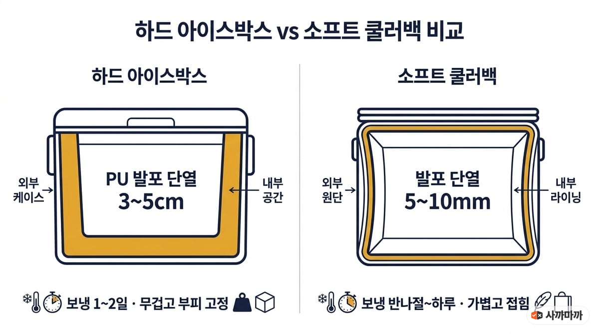 하드 아이스박스와 소프트 쿨러백 단면 비교 인포그래픽 — 단열재 두께 차이