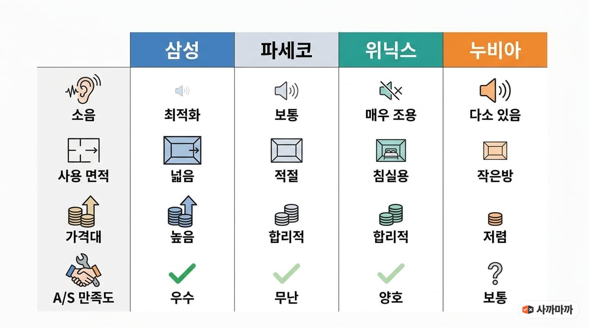 삼성·파세코·위닉스·누비아 창문형 에어컨을 사후관리, 균형, 정음, 가성비 기준으로 비교한 인포그래픽