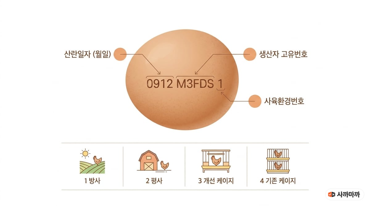 계란 껍데기 열 자리 난각 표시를 산란일자·생산자번호·사육환경번호로 나눈 설명 그림