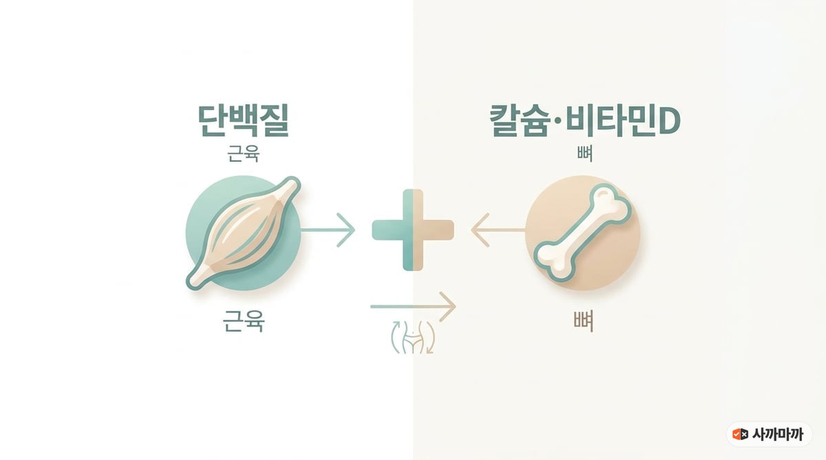 근육을 위한 단백질과 뼈를 위한 칼슘·비타민D 두 축 개념도