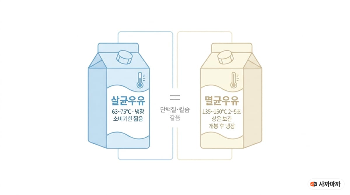 살균우유와 멸균우유의 처리 온도·보관·소비기한을 비교한 설명 그림